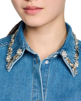 Carmella Denim Rhinestone Trim Cropped Shirt