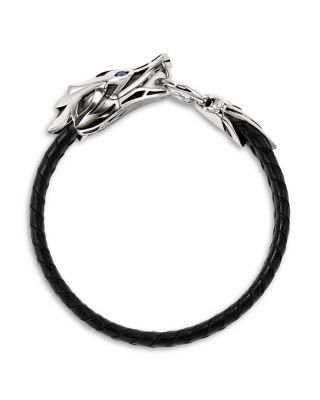 Men's Sterling Silver Naga Blue Sapphire Black Leather Bracelet