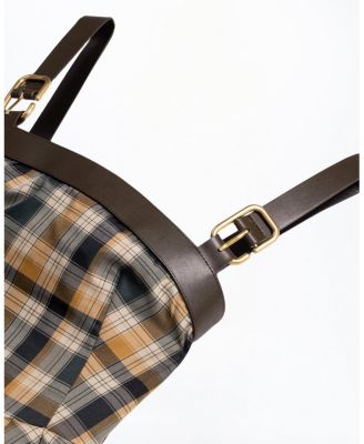  Plaid Pleated Maxi Dress with Faux Leather Belt