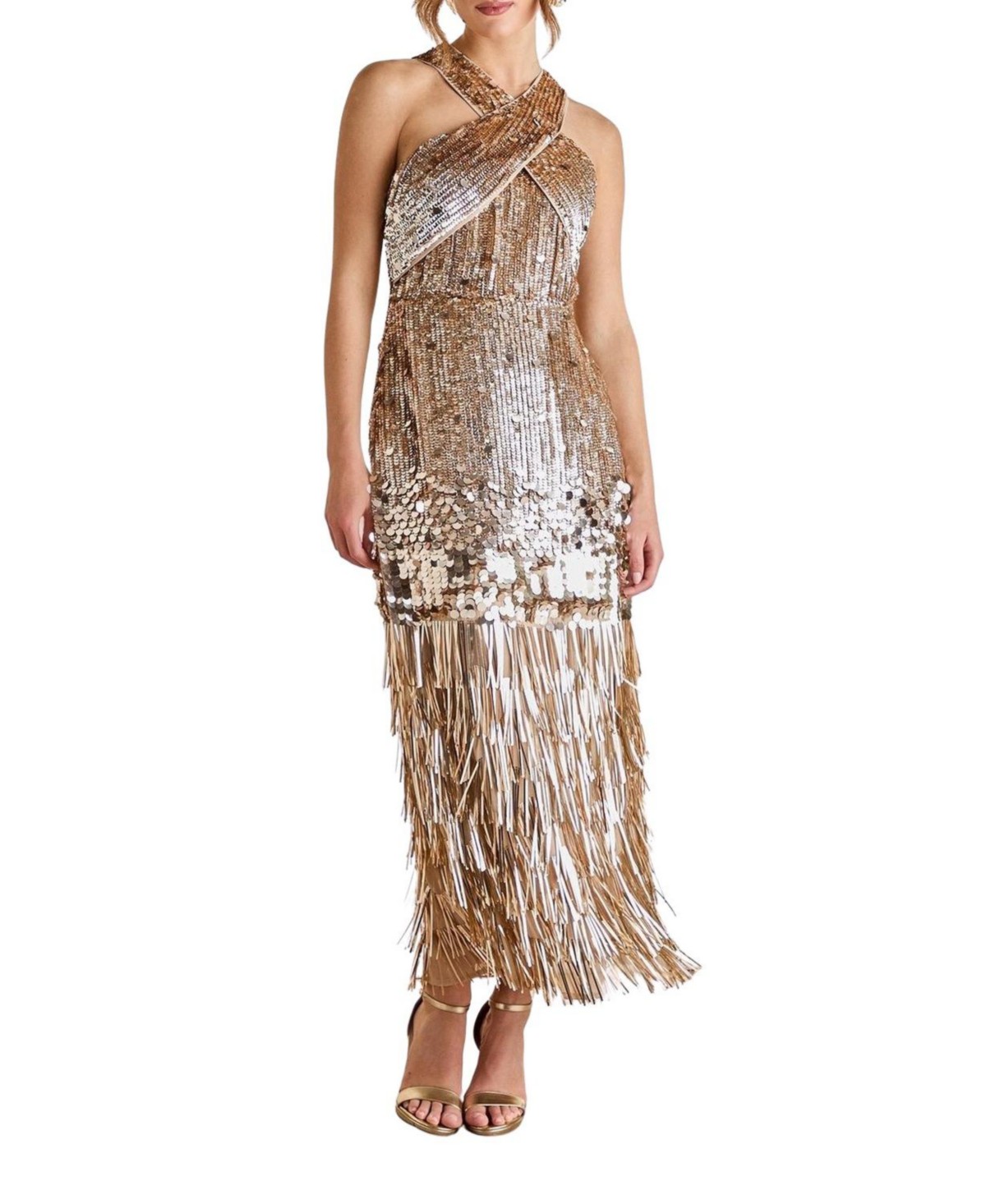 Gold Sequin Tassel Halter Neck Dress