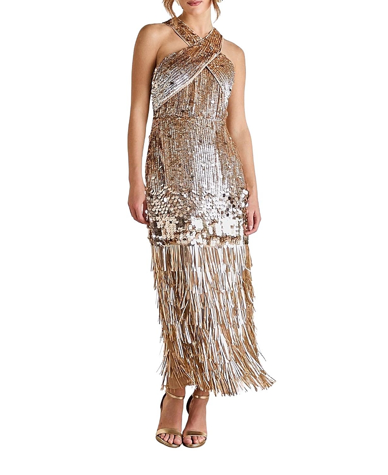 Coast Gold Sequin Tassel Halter Neck Dress