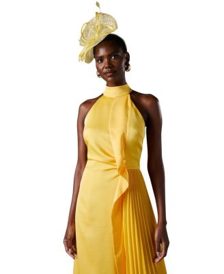 Halter Pleated Asymmetric Hem Midi Dress