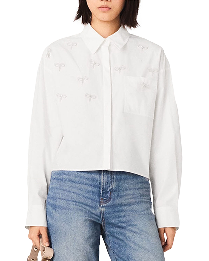 Maje Womens White Cropped Jewel-embellished Cotton Shirt