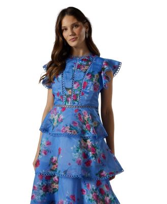 Lace Trim Tiered Organza Midi Dress