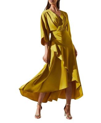 Satin Crepe Ruffle Wrap Midi Dress