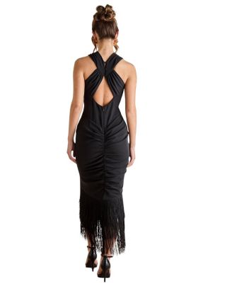 Fringe Hem Cross Neck Midi Dress