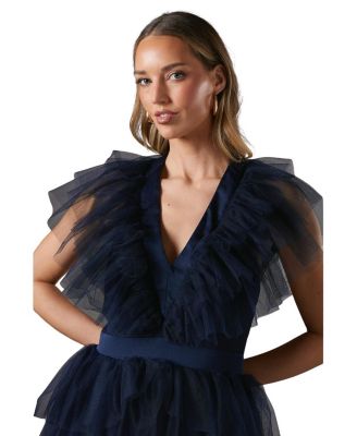 Mesh V-Neck Halter Tiered Maxi Dress