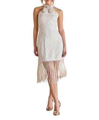 Broderie Embellished Fringe Halter Dress