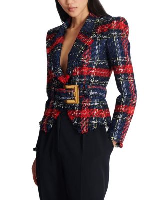 Belted Plaid Tweed Jacket