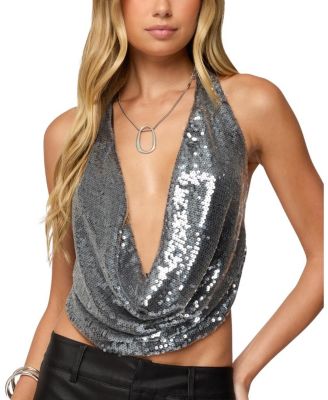Sequin Backless Halter Neck Top