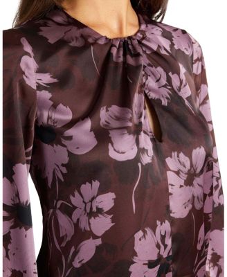 Elena Long Sleeve Twist Neck Blouse in Floral Twill Crepe