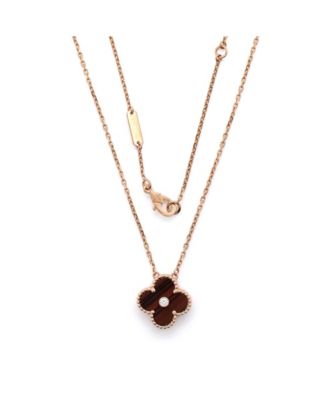  Vintage Alhambra Pendant Necklace 18K Rose Gold and Tiger Eye with Diamond, 15 - 16.75"