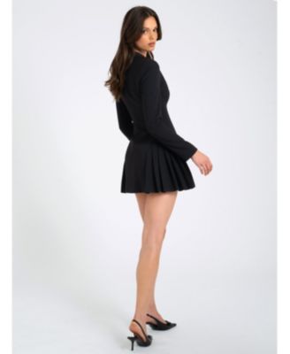 Ria Blazer Mini Dress with Crystal Button and Pleated Detail