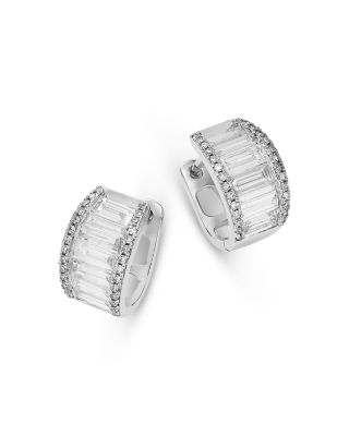 Diamond Baguette & Round Huggie Hoop Earrings in 14K White Gold, 2.0 tcw