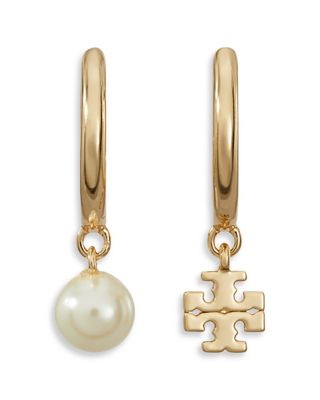 Kira Imitation Pearl & Double T Charm Mismatched Hoop Earrings 