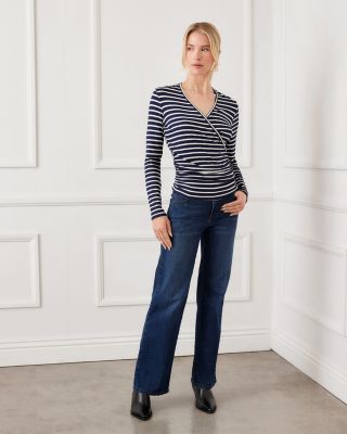 Long Sleeve Stripe Side Shirred Crossover Top