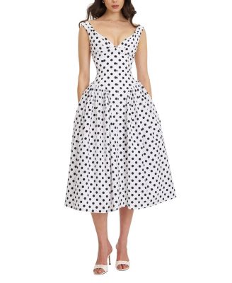 Rahma Polka Dot Drop Waist Midi Cotton Poplin Dress