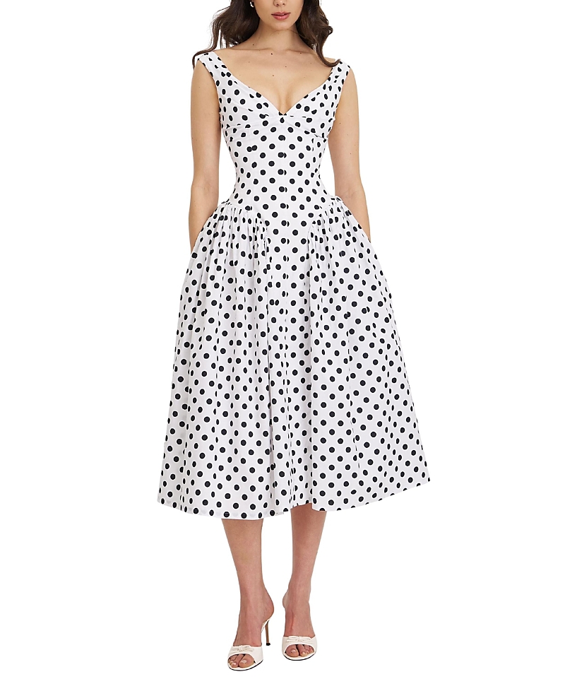 Miss Circle Rahma Polka Dot Drop Waist Midi Cotton Poplin Dress