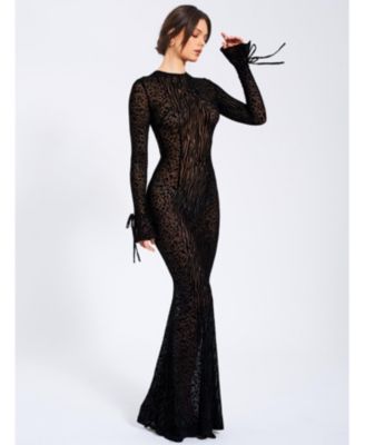  Waylynn Print Burnout Velvet Detail Mesh Maxi Dress