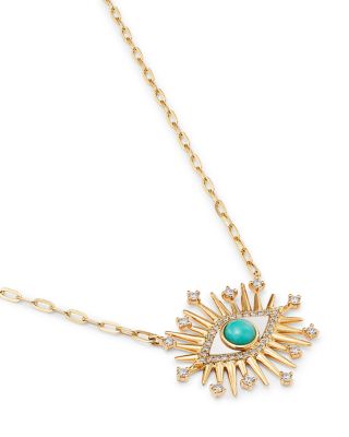 Mother of Pearl, Turquoise & Diamond Evil Eye Pendant Necklace in 14K Yellow Gold, 18"