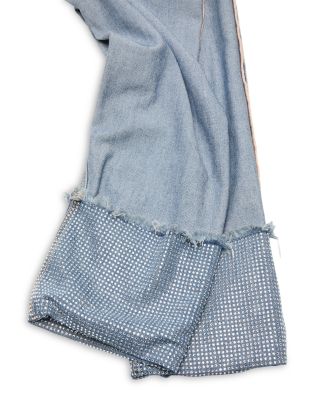 Rhinestone Hem Straight Jeans in Mid Blue