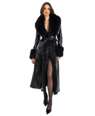  Zella Faux Fur Trim Faux Croc Leather Coat