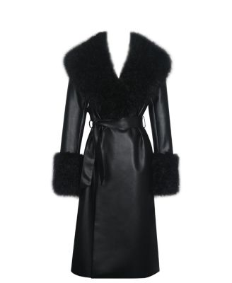  Zariah Faux Fur Trimmed Longline Faux Leather Coat