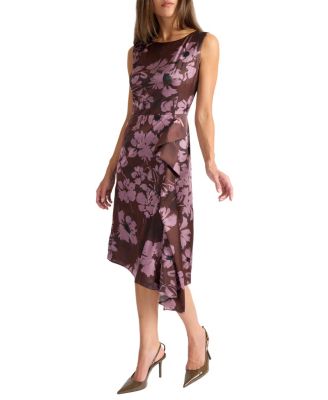  Nica Sleeveless Dress with Side Ruffle in Floral Twill Crepe