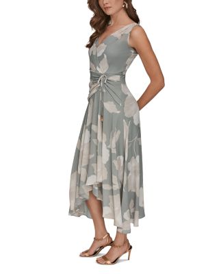 Sleeveless Wrap-Effect V-Neck Floral Midi Dress