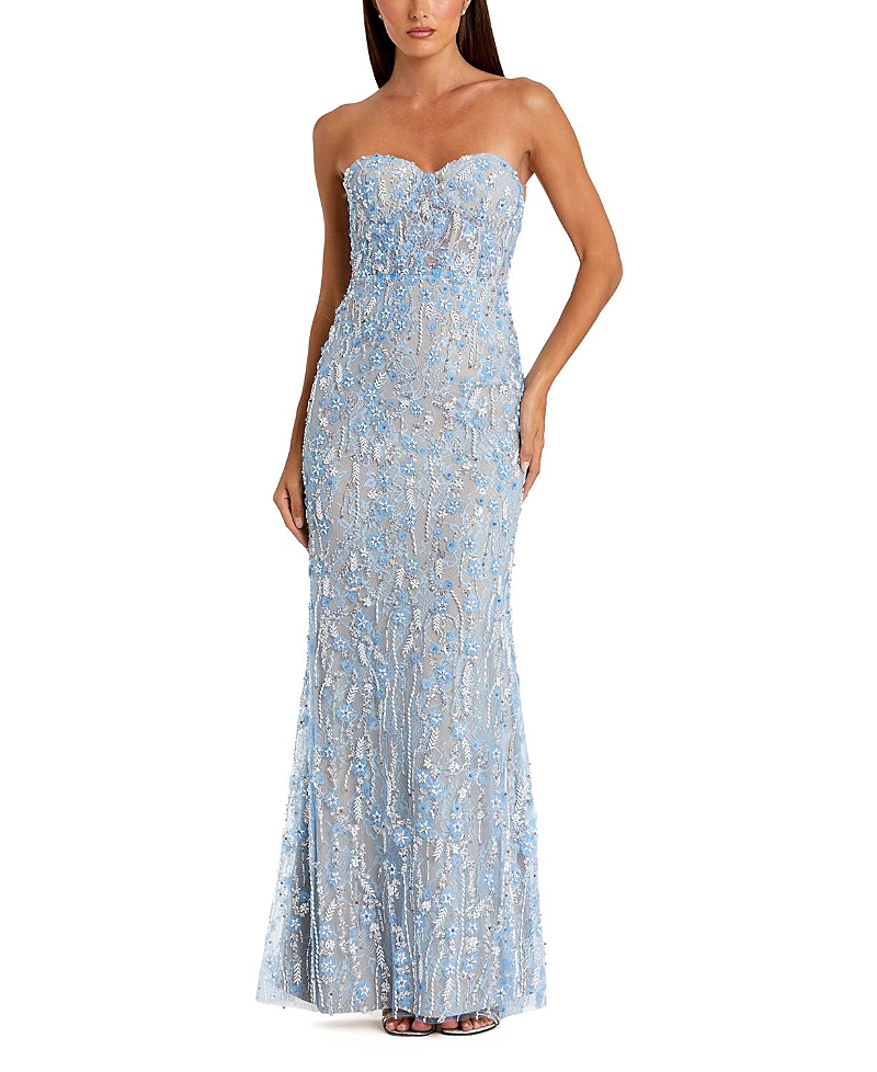Mac Duggal Embellished Applique Strapless Bustier Gown