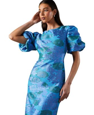 Jacquard Floral Puff Sleeve Midi Dress