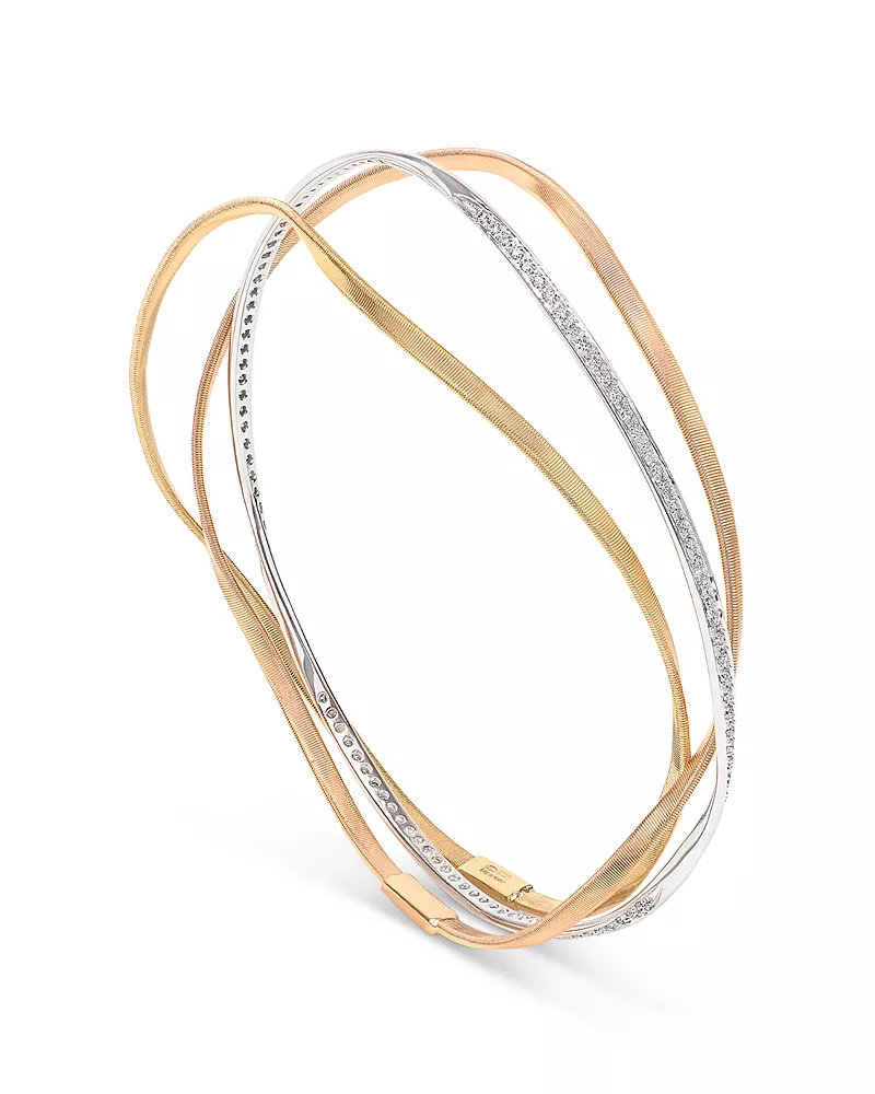 Marco Bicego Diamond Triple Layer Crossover Bangle Bracelet in 18K Yellow & White Gold, 0.71 tcw