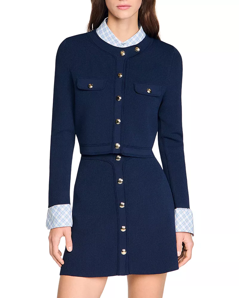 Sandro Cropped Rib Knit Cardigan
