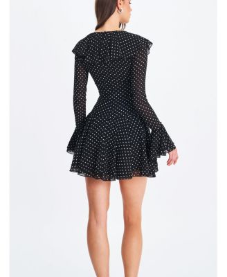 Omari Chiffon Polka Dot Ruffled Neckline Mini Dress