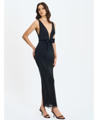  Olympia Belted Bow Plunging Rhinestone Maxi Dress