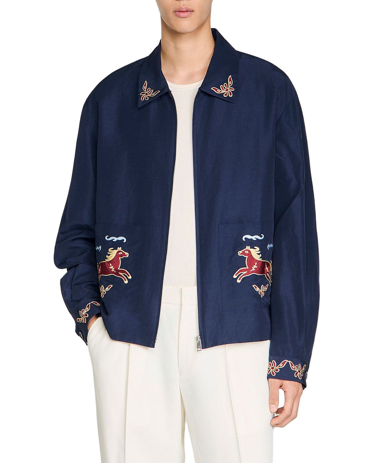 Sandro SS26 Embroidered Horse Wing Collar Jacket