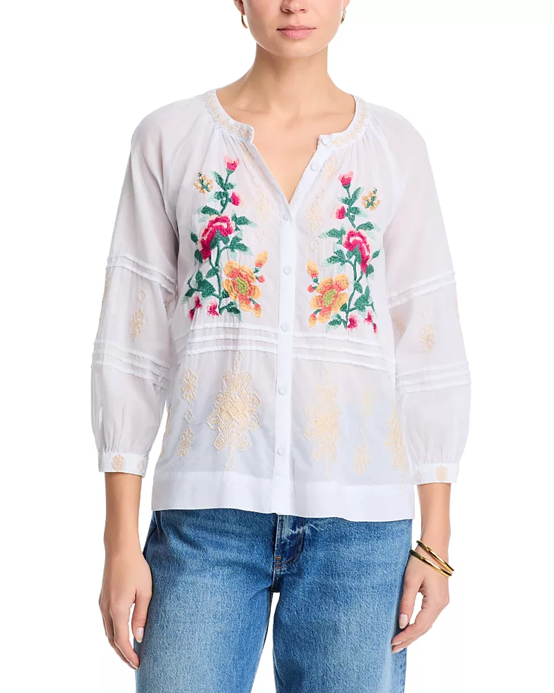 Johnny Was Pin Tuck Raglan Button Up Shirt