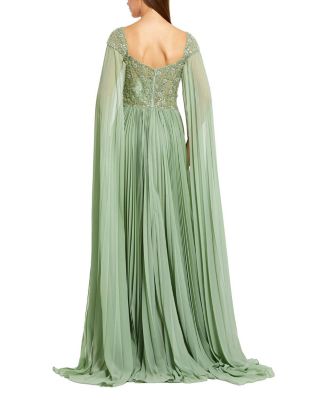  Cape Sleeve Pleated Charmeuse Beaded Gown