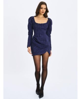 Denise Tweed Ruched Puff Sleeve Mini Dress