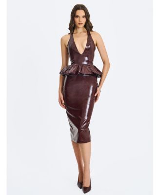  Jaslene Peplum Faux Leather Halter Midi Dress