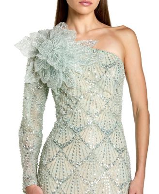  One Sleeve 3D Flower Sequin Column Gown