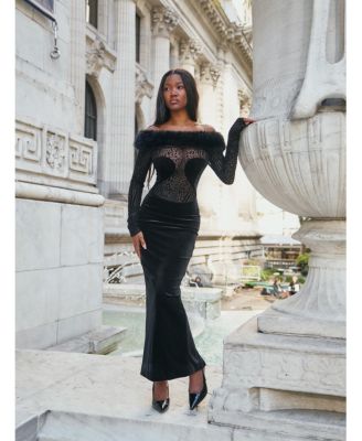  Alexis Animal Print Fur Boatneck Maxi Dress