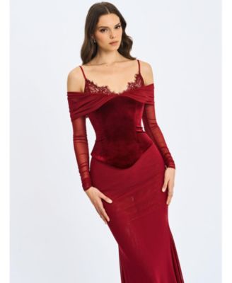  Maybelle Bardot Lace Strap Peplum Maxi Dress