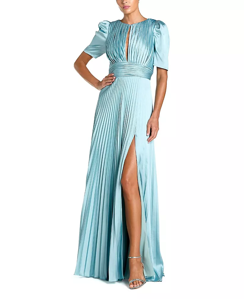 Mac Duggal Pleated Charmeuse Puff Sleeve Evening Gown with Slit