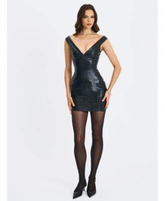  Quilia Faux Crocodile Leather Plunge Mini Dress