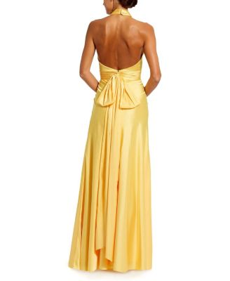  Ruched Halter Neck Tie Back Satin Gown