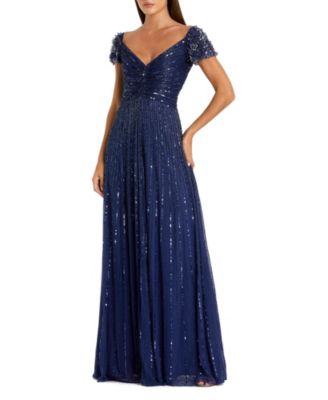  Striped Sequin Mesh Gown with Beaded Shoulders