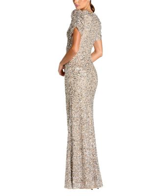  Gathered Short Sleeve Beaded Gown