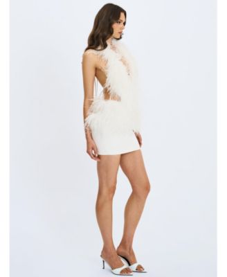  Quisten Feathered Plunging Halter Mini Dress