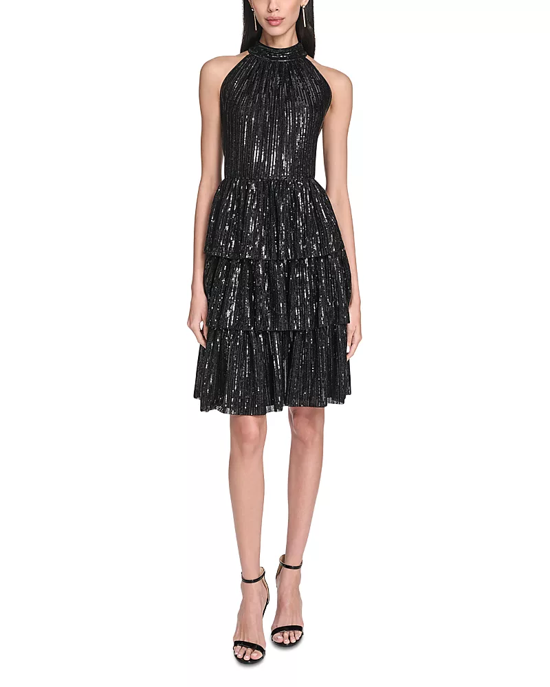 Eliza J Mock Neck Tiered Skirt Cocktail Dress